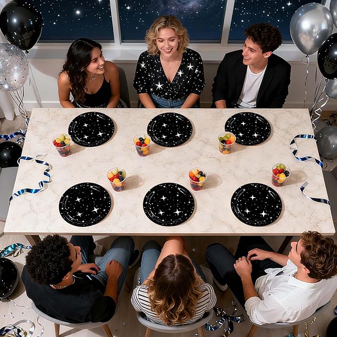 50Pcs Black Stars Paper Plates 9 Inch Space Galaxy Theme Party Disposable Plates Spaces Galaxy Birthday Decorations for Mens Boys Game Night Star Party Supplies Dinner Table Decor
