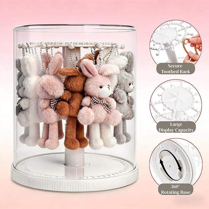 Rotating Display Case, 360° Clear Doll Display Stand, Blind Box Showcase for 6.7” Plush Dolls, Dustproof Collectible Toy Storage Organizer for Figurines, Keychain, Miniature, Jewelry (White)