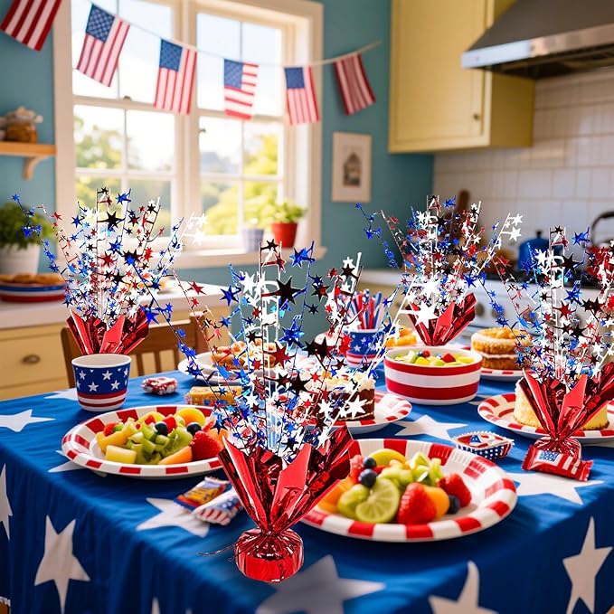 6 Pack 4th of July Table Centerpiece Decoration Metallic Foil Spray Star Burst Patriotic Decoration Independence Day Labor Day Veteran Day Memorial Day Party Supplies, Red White and Blue