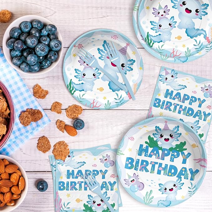 Grencian 96 Pcs Axolotl Birthday Party Supplies Blue Cartoon Axolotl Plates and Napkins Disposable Reptile Animals Tableware Set Axolotl Party Decorations Favors for Kids Boy Baby Shower Serves 24