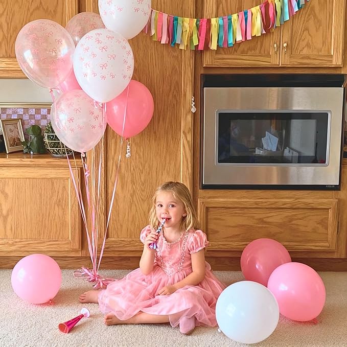 Bow Balloons, 50Pcs 12 Inches Pastel Light Clear White Pink Balloons for Girls Women Pink Birthday Party Bachelorette Bridal Engagement Bow Theme Wedding Anniversary Supplies