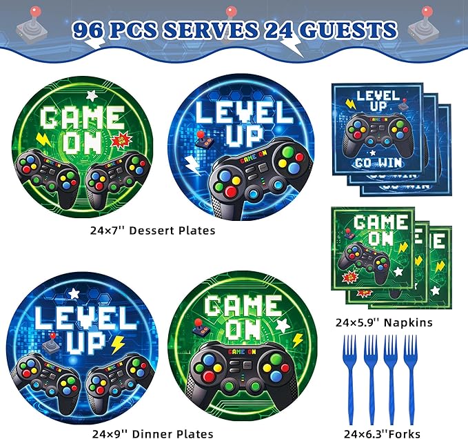 96 Pcs Video Game Plates and Napkins Tableware Set (Serve 24), Video Game Birthday Party Decorations, Party Supplies Include Plates Napkins Plastic Forks for Party