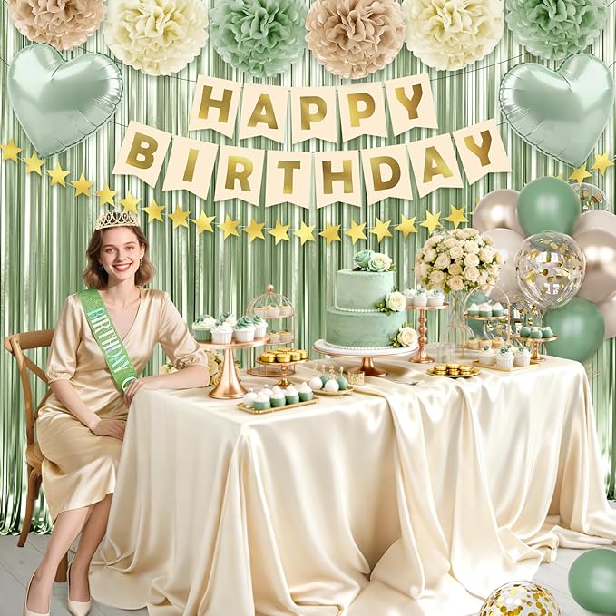 Sage Green Birthday Decorations for Women Girls, 44Pcs Nude Retro Green Party Supplies Include Birthday Girl Sash Crown Banner Fringe Curtain for Women Birthday Decorations