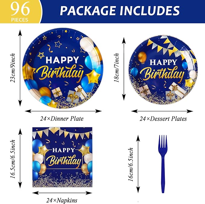 gisgfim 96 Pcs Blue and Gold Birthday Plates and Napkins Party Supplies Navy Blue Party Tableware Set Happy Birthday Decorations Favors for Men Women for 24 Guests