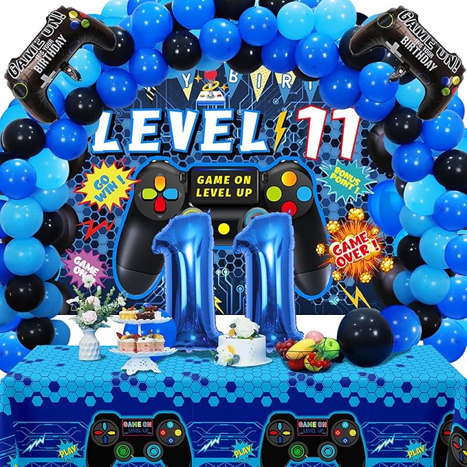 Vlipoeasn 90PCS Video Game Party Decorations for Boys Set Blue - 11th Birthday Supplies - Video Game Backdrop, Balloons, Tablecloth, Gamer and Foil Balloons