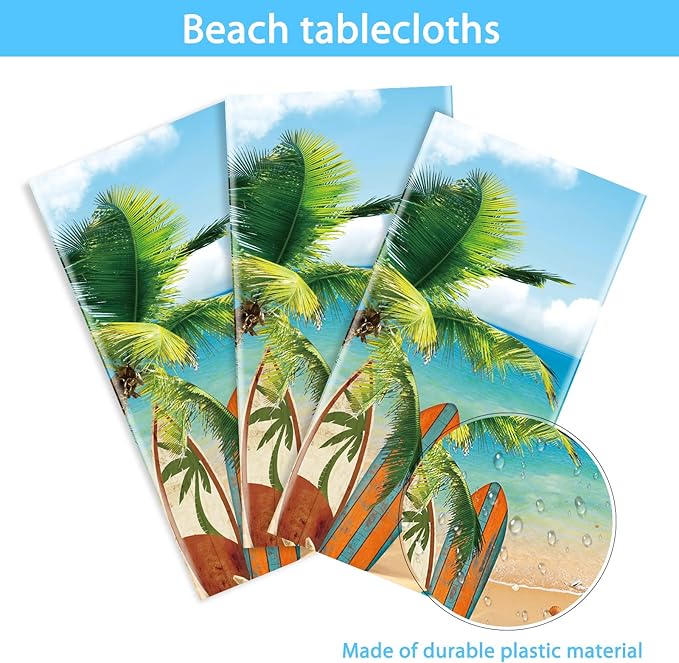 Tiamon 3 Pieces Summer Beach Tablecloths Plastic Hawaiian Party Table Cover Luau Palm Leaves Tropical Beach Tablecloth for Summer Ocean Sea Pool Birthday Party Supplies, 54 x 108 Inches