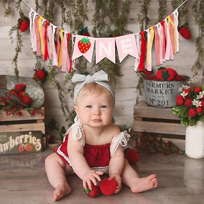 Strawberry First Birthday High Chair Banner - Berry Themed Party Decor, 1st Birthday Party Supplies For Baby Girls And Boys, Strawberry Themed Banner, Photo Props