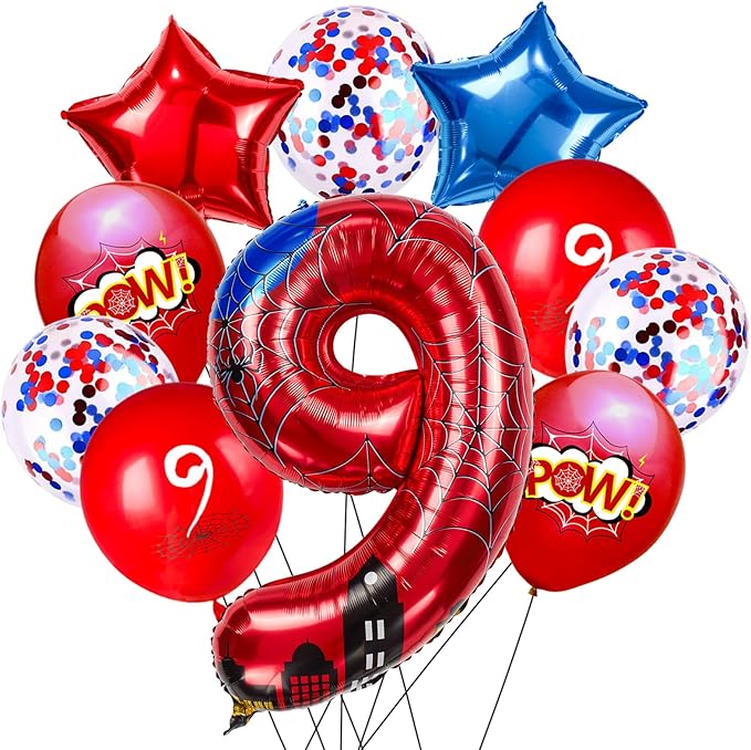 Cartoon Hero 40 Inch Red and Blue Spider Theme Number Foil Birthday Decoration Balloons, Cartoon Party Birthday Supplies, Number Balloons for Spider Theme Party (9)