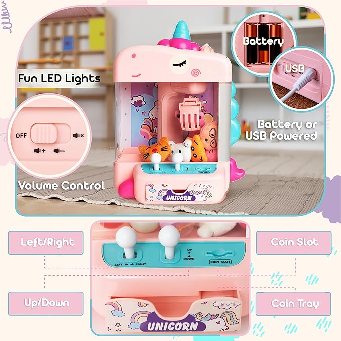 Claw Machine for Kids - Mini Arcade Game - Vending Machine - Candy Grabber Toys - Silent Mode, Lights, USB - Plush Toys & Easter Eggs, Surprise Stickers - Fun Gift for Kids, Boys & Girls (Unicorn)