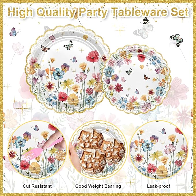 Avezano 168 PCS Wildflower Party Decorations Spring Floral Butterfly Plates Napkin Tableware Set for Girls Wildflower Birthday Baby Shower Supplies, Serves 24