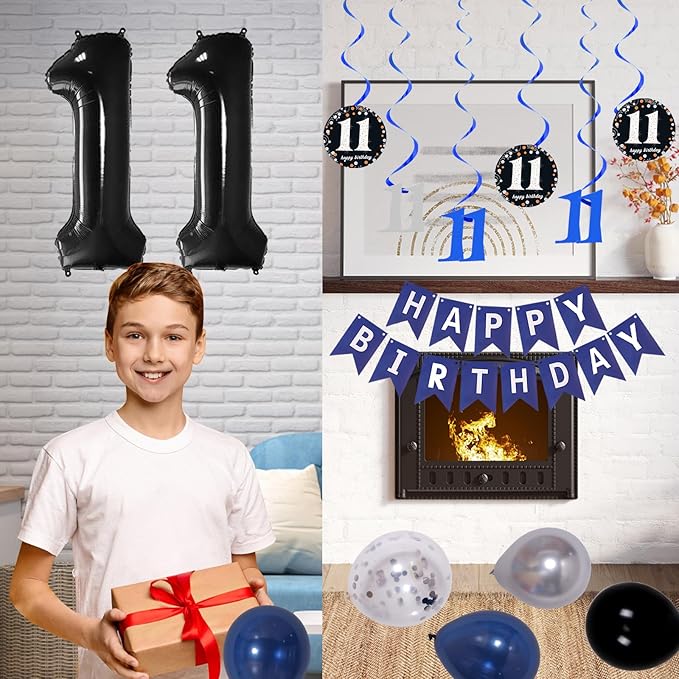 11th Birthday Decorations for Boys and Girls Dark Blue, 11 Year Old Birthday Decorations with HAPPY BIRTHDAY Banner Number 11 Balloon Tablecloth Foil Star Balloons Garland Arch Kit Party Supplies