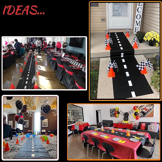 7inch Orange Racing Traffic Cones With Holes on Top,Checkered Flags,Racetrack Floor Runner,Race Car Birthday Party Supplies,Racing Car Table Centerpiece Decorations 38PCS