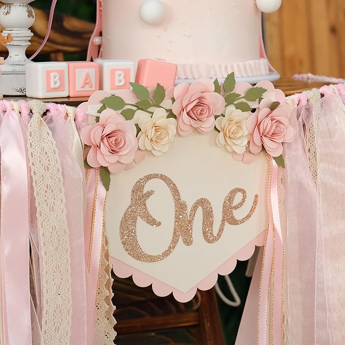 Wildflower 1st High Chair Banner Birthday Decorations For Girl Pink Flower Cake Topper Hat Floral Theme Party Decoration