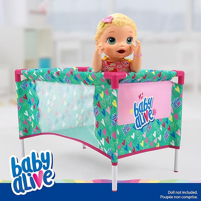 Baby Alive: at Home Set - 7pcs - Green, Pink, Hearts - Play Yard, Highchair, Feeding Accessories, Playset for Dolls Up to 18", Kids Toy, Ages 3+