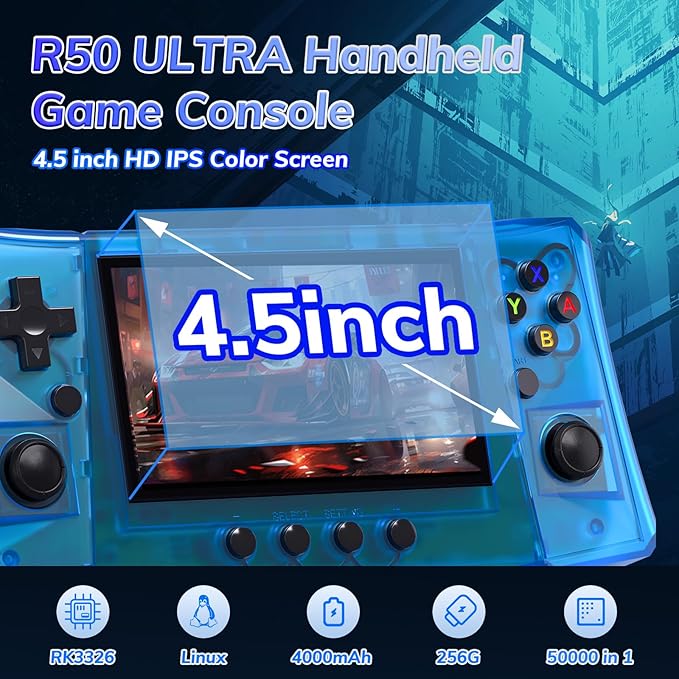 RegiisJoy R50 Ultra 50000 in 1 Handheld Game Console, 4.5 Inch IPS Screen Retro Gaming Consoles Main Emulators, Portable Mini Pocket Arcade 4000mAh Battery,256G TF Card,Linux System