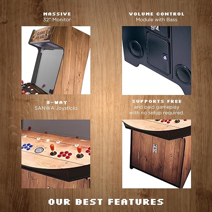 Creative Arcades Full-Size Commercial Grade Cabinet Arcade Machines | Stools Included | Slim Woodgrain Edition | 32" Screen (4500 Games (4-Player), Light Pine Man Cave)