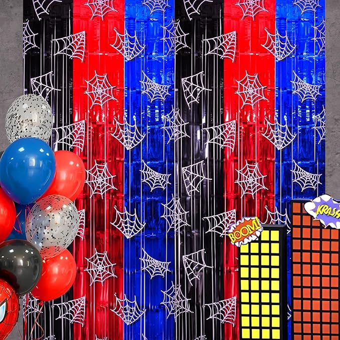 Spider Web Birthday Decorations, 2 Pack Spider Party Supplies 3.3x6.6ft Tinsel Foil Fringe Curtains, Red Black, and Blue Photo Booth Prop Backdrop Streamer, Birthday Decor, Party Decor for Boys