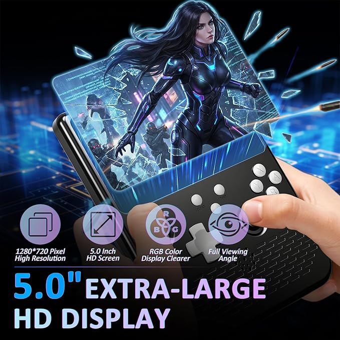 H5 Retro Gaming Console, 5.0 Inch IPS HD Screen Handheld Game Console, 256GB TF Card Build-in 40000+ Classic Games, Portable Video Arcade Support 34+ Emulators with 4000mAh Battery, Black