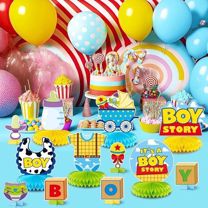 Boy Story Honeycomb Centerpieces - 12PCS Boy Story Baby Shower Party Honeycomb Centerpieces Baby Boys Party Table Decoration It’s a Boys Stories Table Topper for Birthday Party Supplies