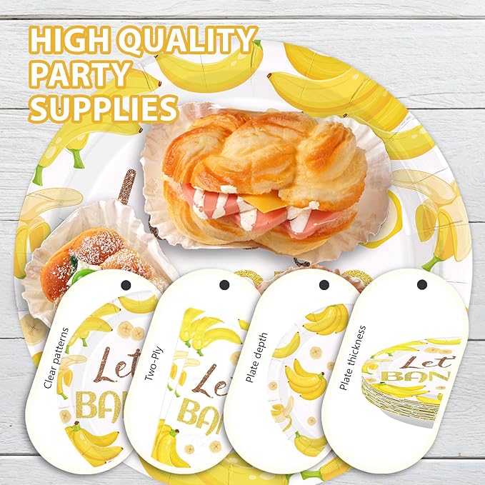 96PCS Yellow Banana Party Supplies Gold Glitter Fruit Plates And Napkins Let's Go Bananas Dessert Plates for Fruit Birthday Baby Shower Party Decorations Serves 24