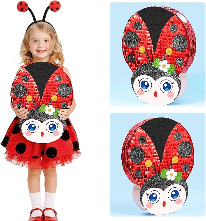 WERNNSAI Ladybug Piñata – Red Ladybug Party Piñata for Kids Birthday Games Garden Theme Parties Insect Theme Classroom Activities baby shower supplies with Blindfold and Stick