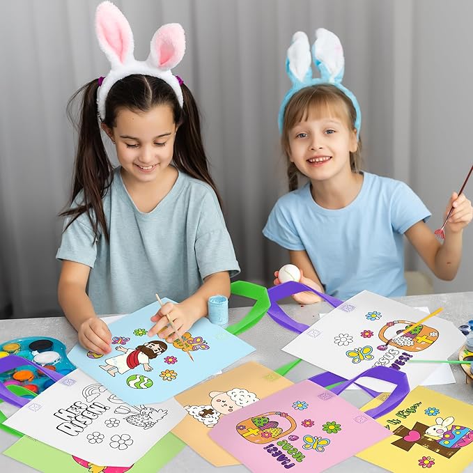 Easter Coloring Goodie Bags for Kids - 24Pcs He is Risen Bulk Color Your Own Gift Bags with Handle Religious Jesus Reusable Non Woven Coloring Tote Packet for DIY Crafts Painting Party Favor Supplies