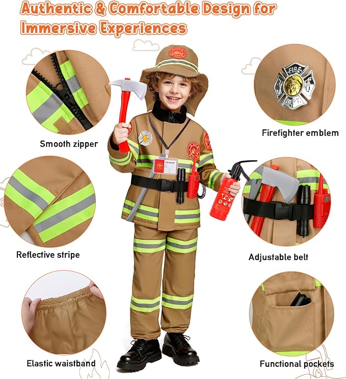 LOYO Firefighter Costume for Kids - Fireman Halloween Costumes for Toddler Boy, Halloween Dress Up for Kids 3-12 Pretend Play