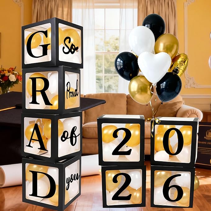 Graduation Decorations Class of 2026 Black and Gold - 4 Balloon Boxes with Letters 2026 GRAD So Proud of You, 100pcs Balloon Arch Garland Kit, High School College Grad Party Supplies Photo Prop