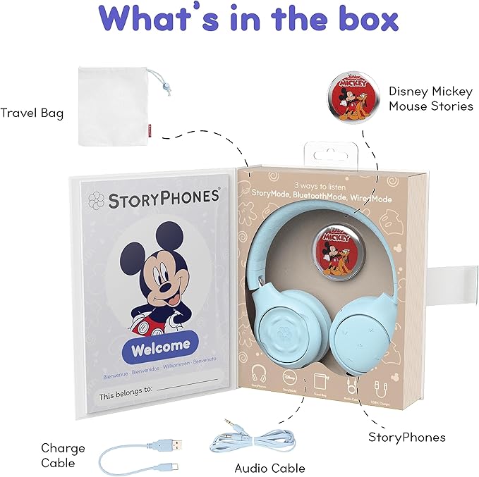 Disney Kids Bluetooth Foldable Headphones: Use Wired or Wireless for Travel, Education, and Screen-Free Entertainment | Includes Mickey Mouse StoryShield, Blue