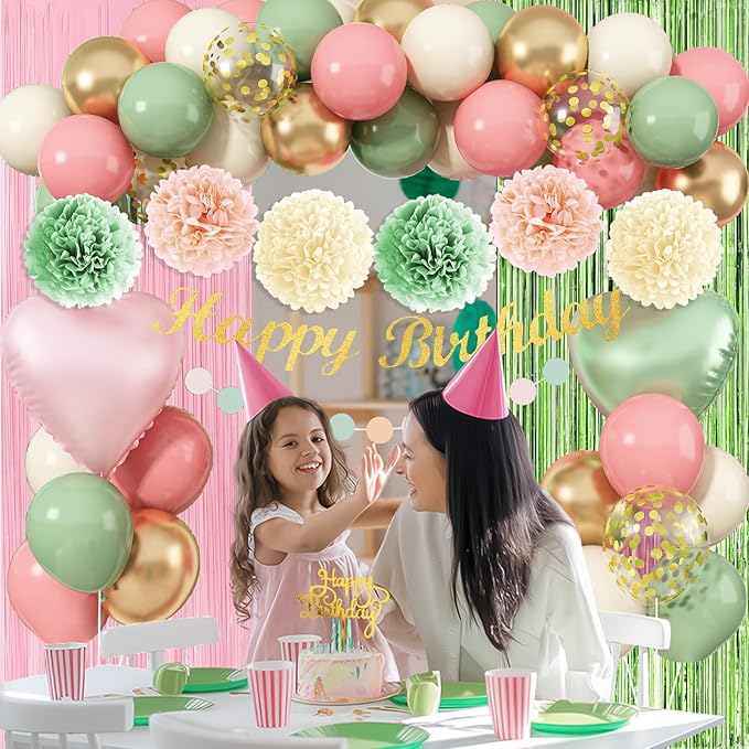 Sage Green Pink Birthday Decorations, Blush Pink Olive Green Gold Sand White Latex Confetti Balloons Boho Happy Birthday Banner Fringe Curtain Pompom for Women Girls Woodland Fairy Party Decor
