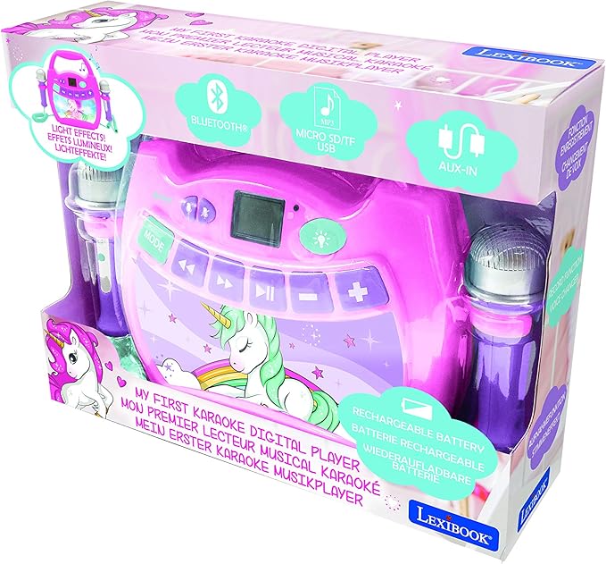 LEXiBOOK Unicorn - Portable Karaoke Digital Player for Kids – Microphones, Light Effects, Bluetooth, Record and Voice Changer Functions, Rechargeable Battery, Pink, MP320UNIZ