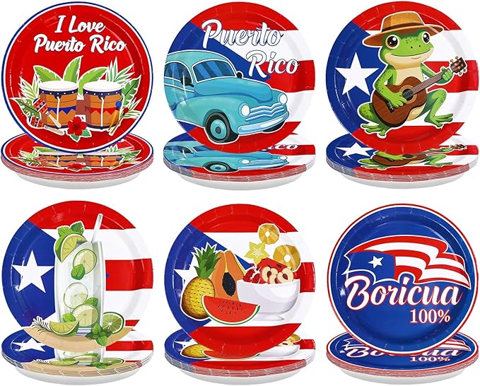 60Pcs Puerto Rico Paper Plates 9" Heavy Duty Disposable Puerto Rican Dessert Plate Coqui Frog Flag Party Decor for Xmas Three Kings Day New Year San Sebastián Street Festival Party Supplies