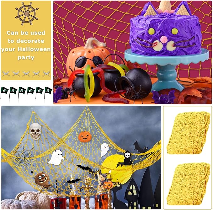 Shappy 2 Pcs Fish Net Decorative 80 x 40 Inch, Wall Hanging Fishnet for Mermaid, Pirate, Nautical, Under the Sea Party Decoration Ocean Themed Hawaii Beach Birthday Halloween Party Supplies(Yellow)