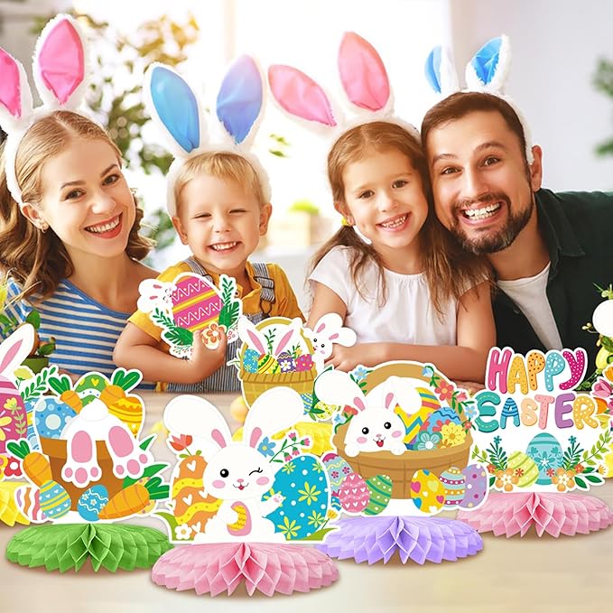 Tarklanda 12 Pcs Baby Shower Honeycomb Centerpieces 3D Easter Table Topper Honeycomb Decoration for Birthday Wedding Spring Party Supplies (Colorful Easter Bunny)