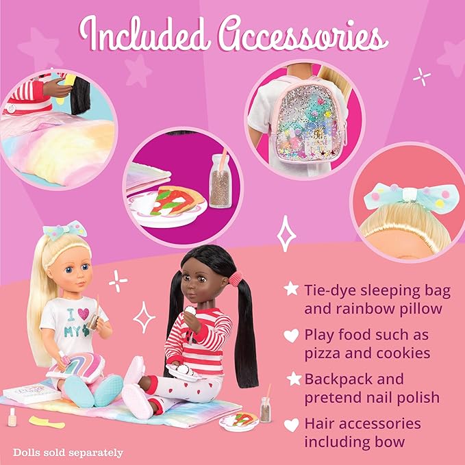 Glitter Girls – 14-Inch Doll Accessories – Sleepover Party & Backpack Set – Tie – Dye Sleeping Bag, Rainbow Pillow & Pizza Play Food – 3+ Years– Children’s Toys
