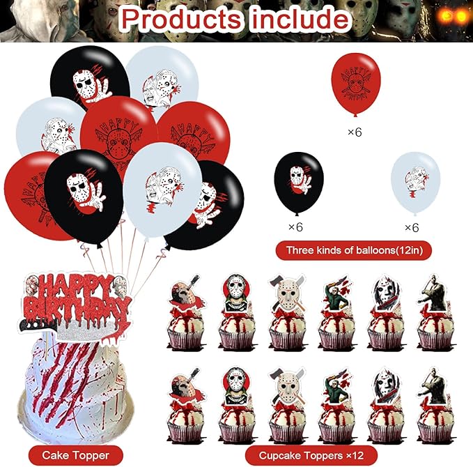 Party Decorations,Birthday Party Supplies for Horror Movie Party Supplies Includes Banner - Cake Topper - 12 Cupcake Toppers - 18 Balloons