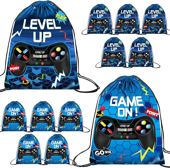 Eccliy 20 Pcs Video Game Party Favor Bags Gamer Birthday Party Drawstring Bags for Kids Boys Girls 12 x 10 Inch Gaming Goodie Treat for Game on Theme Decorations Supplies(Blue,Fresh Style)