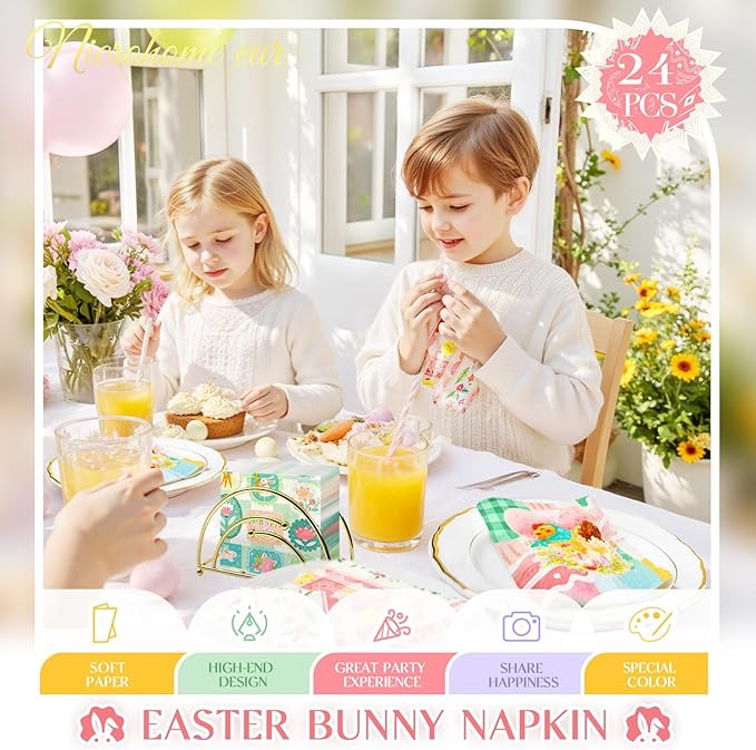 Easter Napkins 24PCS, Pink Green Bunny Floral Paper Napkins, 3-Ply Disposable Happy Easter Napkins for Spring Holiday Party Baby Shower Wedding Birthday Table Napkins Decorations