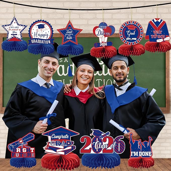 10PCS Graduation Party Decorations Class of 2026 Congrats Grad Table Centerpieces Congratulate Graduation Honeycomb Table Toppers for Graduation Party Supplies(Blue Red)