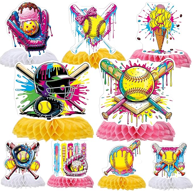 Softball Ice-Cream Party Decorations - 9 PCS Softball Party Honeycomb Centerpieces Decorations for Girls, Sports Ice Cream Birthday Baby Shower Table Decor Supplies