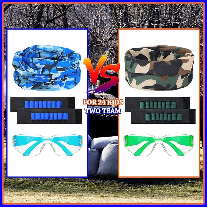 Sosation 24 Sets Nerf Party Supplies for Boys Girls 72 Pcs Gun Party Favors Two Team Nerf War Birthday Pack Safety Glasses Face Mask Wrist Belt Band Accessories Children Kids Toy Bulk(Blue and Green)