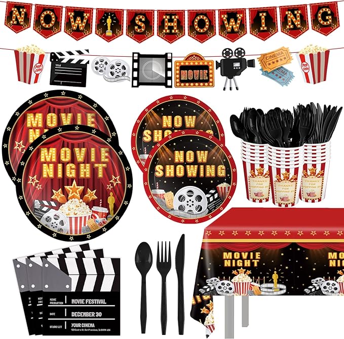 170pcs Movie Night Party Supplies Now Showing Paper Plates Napkins Disposable Tablecloth Banner Cups Theater Hollywood Clapboard Napkins Red Carpet Birthday Party Decorations 24 Guests