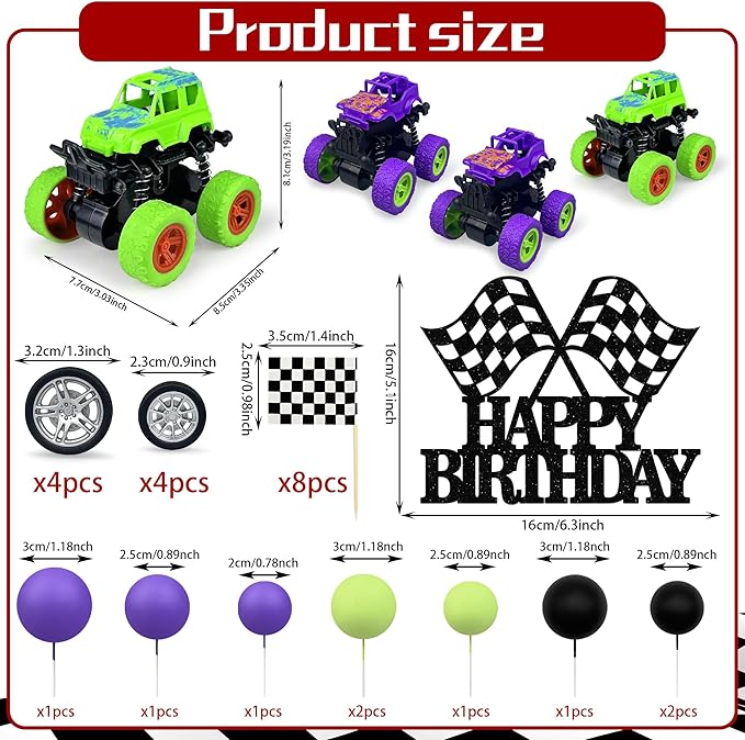 29PCS Truck Cake Decoration 2 Purple 1 Green Off-road Vehicle Cake Top Decoration Deep Purple Light Green Black Balls Truck Themed Party Supplies