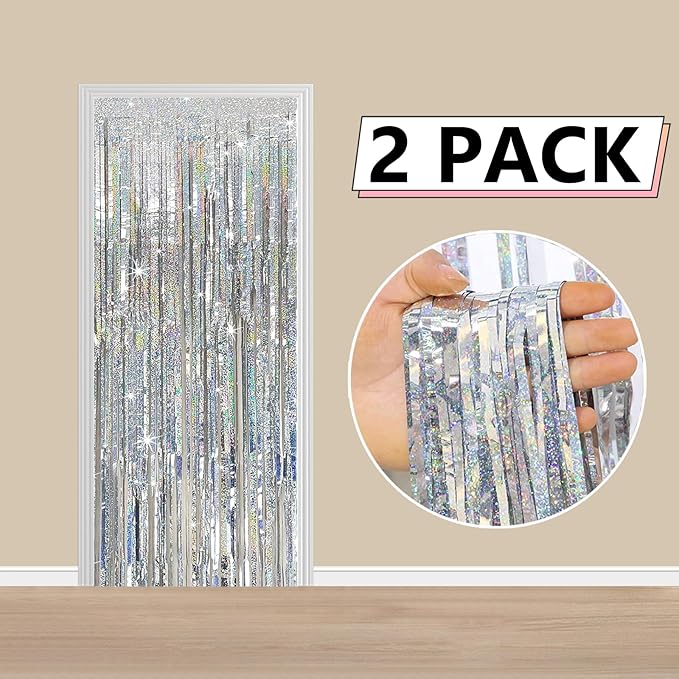 2 Pack Silver Foil Fringe Curtains, 3.3x6.6 Ft Metallic Tinsel Backdrop Party Decorations Door Silver Streamers for Birthday Wedding Engagement Decor,Photo Booth Props, Party Supplies