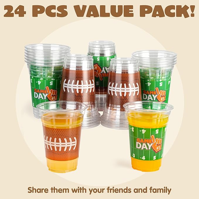 JOYIN 24 Pcs Football Plastic Cups, 16oz Disposable Football Party Cups Bulk for Sports Event, Football Party Supplies, Holiday Tableware Party Decorations
