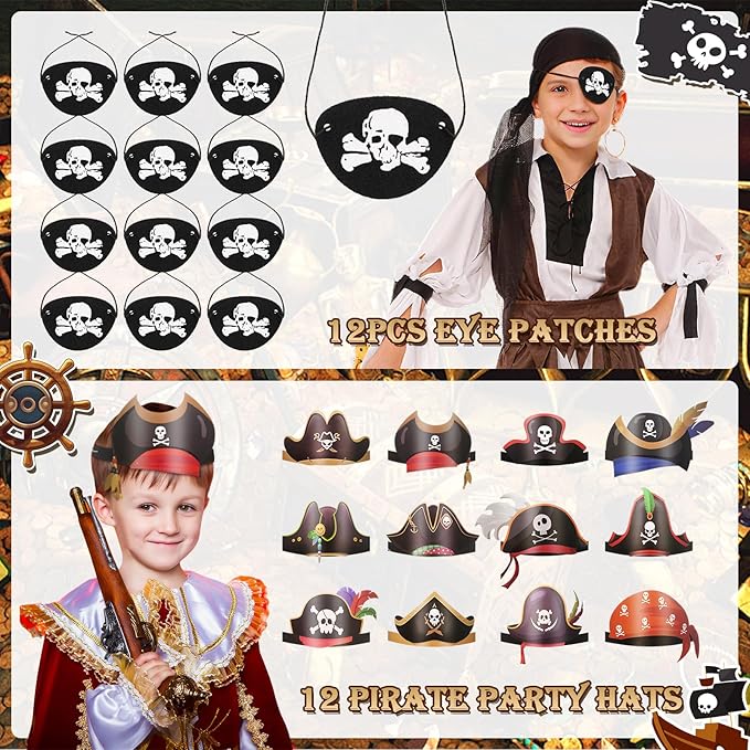 Vanblue 144Pcs Pirate Party Favors Birthday Party Decorations Supplies Pirate Eye Patch Mustache Goodie Bags Stuffers Pinata Filler Classroom Prizes Treasure Boxes for Kids Boys
