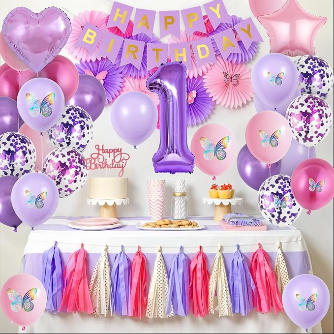 1st Birthday Decoration for Girls,Pink Purple 1st Birthday Balloon Number 1 Balloon with Butterfly Stickers Star Heart Foil Balloons Banner for Baby 1 Year Old Party Decor