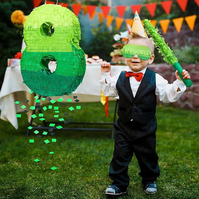 Number Piñata Decorations 16 Inch Gradient Green Piñata with Blindfold Stick and Confetti for Birthday Baby Shower Safari Jungle Themed Party Supplies Centerpiece(Number 8)
