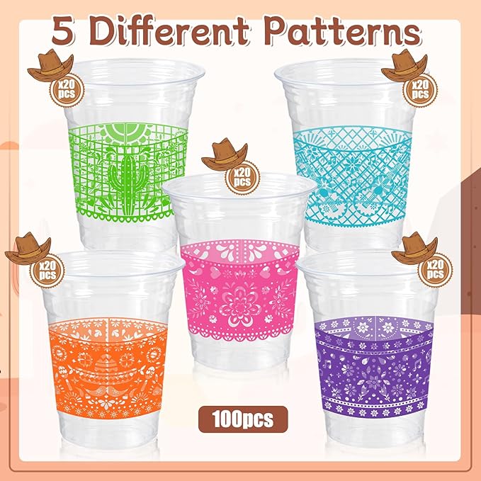 100 Pack Fiesta Plastic Cups, Mexican Papel Picado Disposable Clear Cups with 5 Pattern Designs for Cinco de Mayo, Taco Theme Birthday Party Decorations, 12OZ