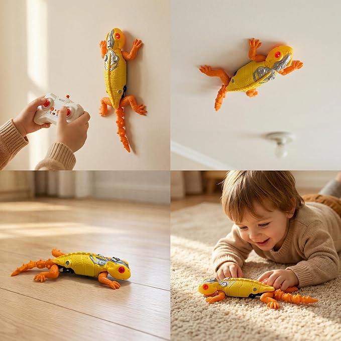 RC Wall Climbing Gecko, 360° Spin Zero Gravity Stunt Robot, Rechargeable Remote Control Lizard with LED Eyes, Dual Mode Floor & Ceiling Racer, Scary Prank Toy Gifts for Boys & Girls Ages 4-12 (Yellow)